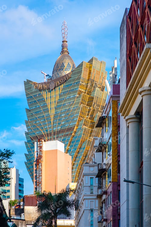 Preview: Macau city modern building landscape or cityscape at night, Casino of Asia travel landmark