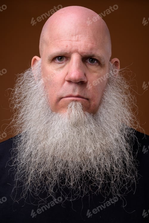 Preview: Mature bald man with long gray beard against brown background