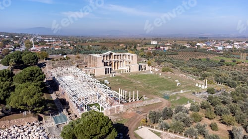 Preview: Aerial view with drone; Sardes (Sardis) Ancient City Manisa, Turkey.