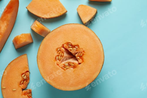 Preview: Ripe melon slices on blue background, top view