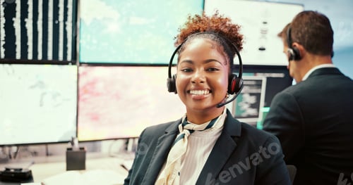 Preview: Woman, meteorology and smile by screen for climate research, headset and map for atmosphere. Person