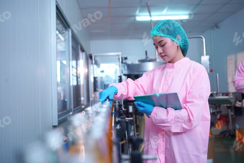 Preview: Drink production, employee works at beverage manufacturing, quality checking production line.