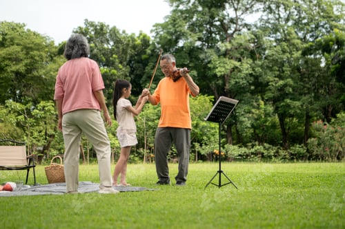 Preview: Happy Asian grandparents enjoying a picnic with their granddaughter in a green park