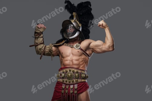Preview: Strong antique gladiator with naked torso isolated on gray background