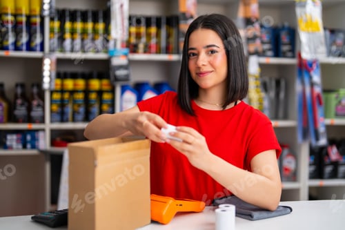 Preview: Woman preparing a small package for shipping or customer pick-up in a small shop