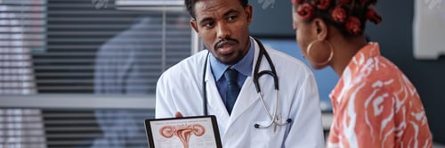 Preview: Header Image of Male Gynecologist Holding Tablet with Reproductive System