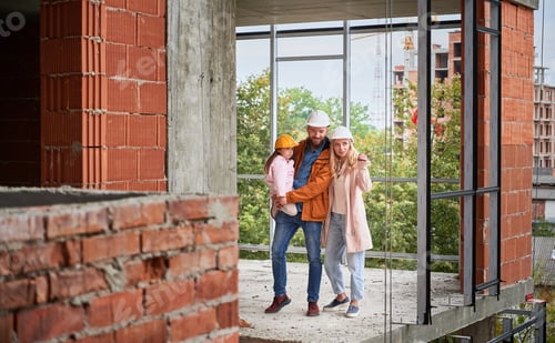 Preview: Happy family with kid standing in building under construction.