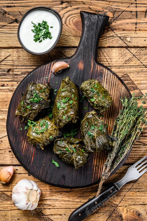 Preview: Traditional georgian dolma in grape leaves. wooden background. Top view