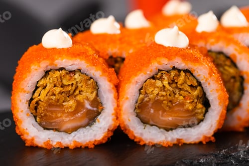 Preview: Sushi roll on dark background. Japanese and asian food concept