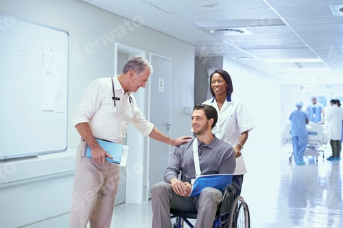 Preview: Doctor consulting with man in wheelchair with arm sling