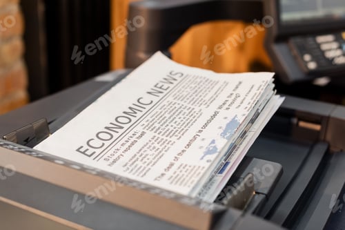 Preview: freshly printed newspapers with economic news inside of professional printer