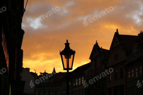 Preview: Traditional street lamp and architecture of Prague in the evening