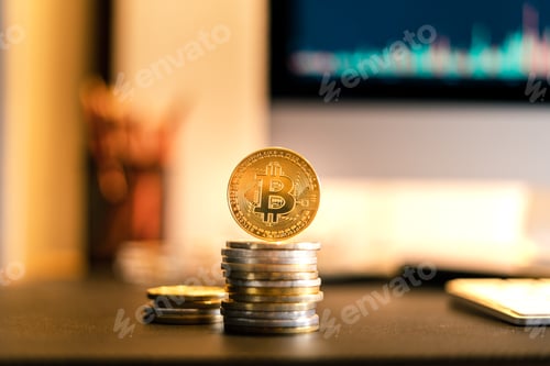 Preview: Bitcoin is placed on a desk in front of a computer graph