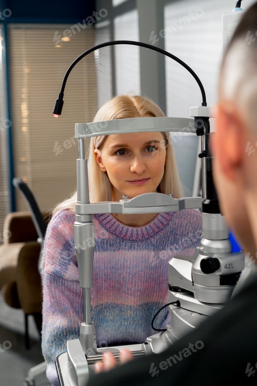 Preview: in an ophthalmology clinic a young girl communicates with a doctor through a diagnostic machine
