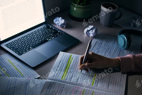 Preview: Student, hands and writing notes at night with laptop for research, education and internet project.