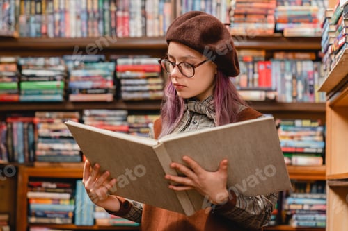 Preview: Smart caucasian young female hipster in glasses reading a book at the library or bookstore