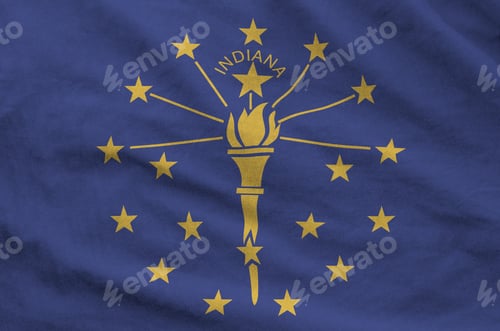 Preview: Indiana US state flag depicted on folded wavy fabric of old cloth