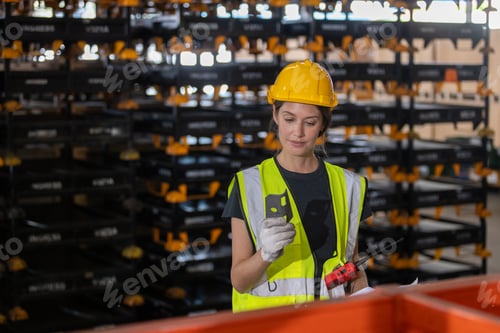 Preview: Female professional quality checking car parts worker in warehouse.