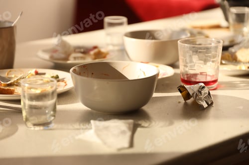 Preview: Empty dirty plates with spoons and forks on the table after meal