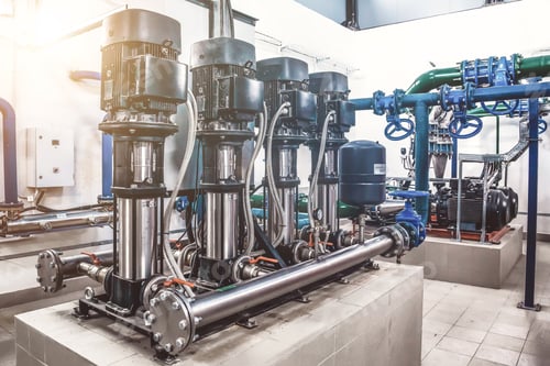 Preview: Industry pumps in an technical room.Industrial interior of water pump, valves, pressure gauges