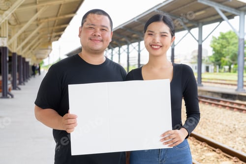 Visualização: Young couple in train station together holding placard