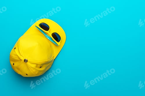 Preview: Photo Yellow Cap And Sunglasses Over Turquoise Blue Background With Copy Space