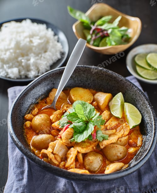 Preview: thai massaman curry with chicken and potatoes in bowl