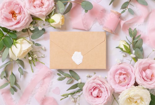 Preview: Sealed envelope between pink roses and pink silk ribbons on marble top view, wedding mockup