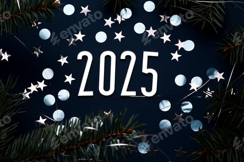Preview: New Year 2025 blue background. Number of the coming year in Christmas decoration.