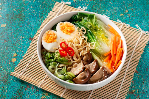Preview: Ramen noodle soup with eggs, mushrooms, pak choi in white bowl