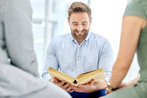 Preview: Happy, people worship and reading faith book with man, counselling and learning religion together.