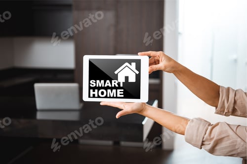 Preview: selective focus of female hands with digital tablet with smart home illustration