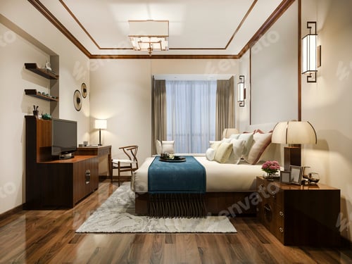 Preview: 3d rendering beautiful luxury bedroom suite in hotel with tv