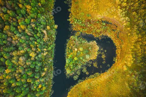 Preview: Aerial View Of Summer Curved River And Natural Island In Heart Shape. Landscape In Autumn Evening