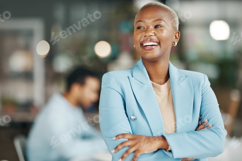 Preview: Happy, smile and arms crossed with black woman in office for leadership, management and development