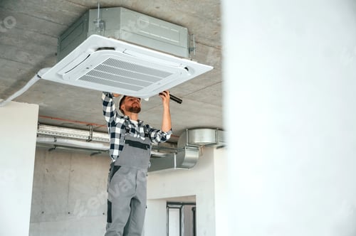 Preview: Setting the ventilation system. Repairman in uniform is in the unfinished building