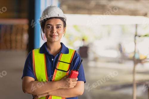 Preview: Portrait Indian woman worker supervisor smart confident engineer safety factory warehouse industry