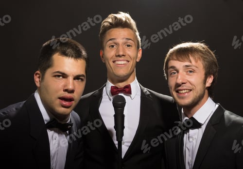 Visualização: 3 Male Portraits, With Suits And Bow Ties, Black Background. Inspired By Tv Show Poster "Two And A