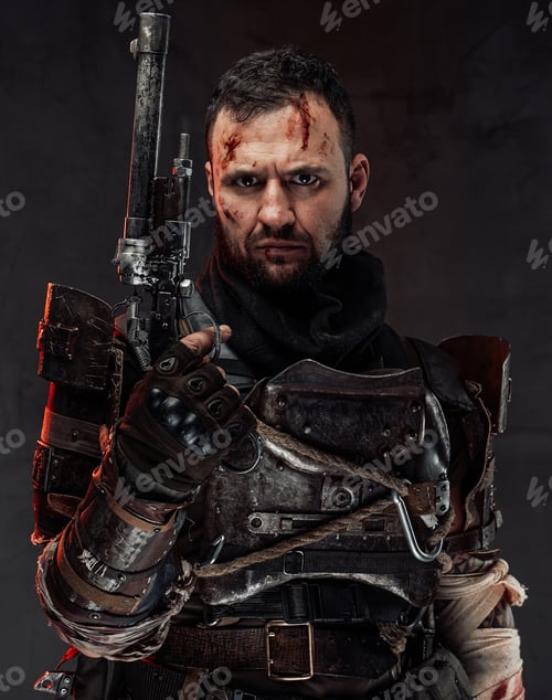 Preview: Serious apocalyptic fighter in ragged armour with pistol