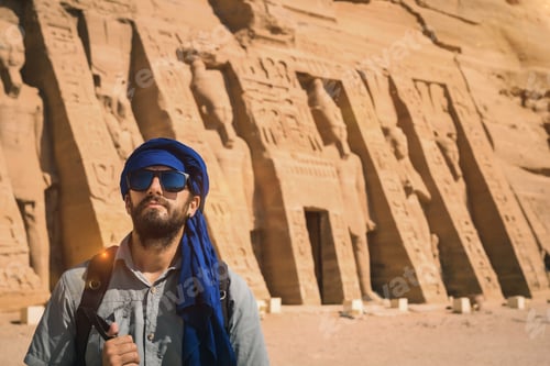 Preview: A young man wearing a blue turban in the Egyptian Temple of Nefertari near Abu Simbel