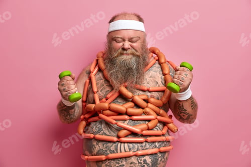Preview: Diet, sport and willpower. Happy motivated guy with fat belly, fights against obesity, goes in for s