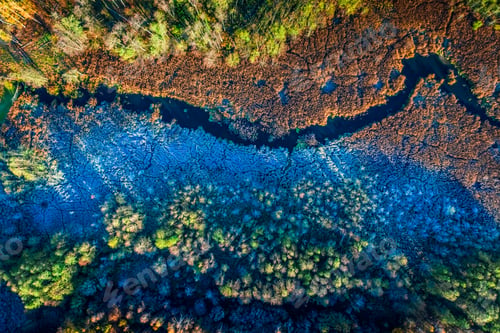 Preview: Blue and brown swamp in autumn, view from above