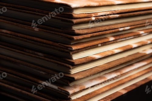 Preview: Pile of handmade notebooks isolated against black background