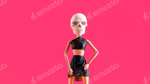 Preview: Plastic doll with skull for head dressed in black leather top and skirt on pink background.