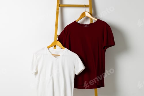 Preview: Tshirts displayed on ladder and copy space on white background