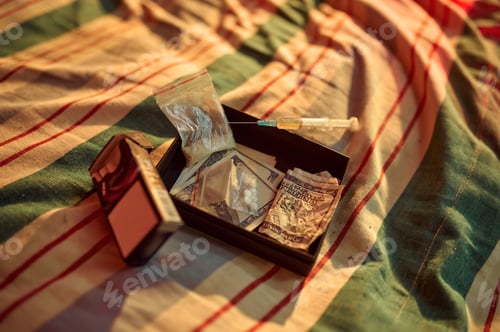 Preview: Drug addicts set, syringe, cigarettes and money