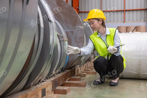 Preview: Female engineers inspecting metal sheet production line