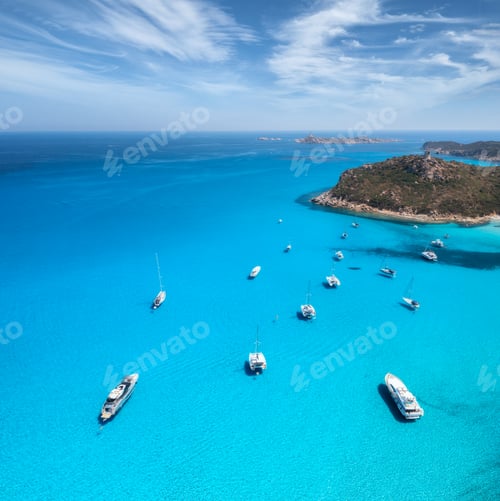 Preview: Aerial view of luxury yachts on blue sea at sunny day