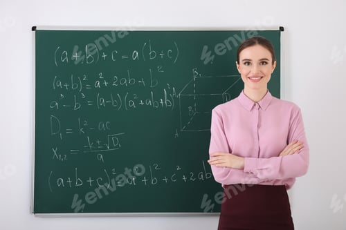 Preview: Portrait of young female teacher in classroom