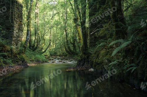Preview: A river flows peacefully between the ancient pillars of a ruined bridge